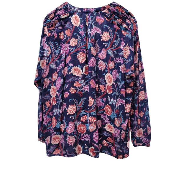 Lucky Brand Sz XL Top Blouse Shirt Blue Floral Print Tassel Tie Rayon - Picture 6 of 7